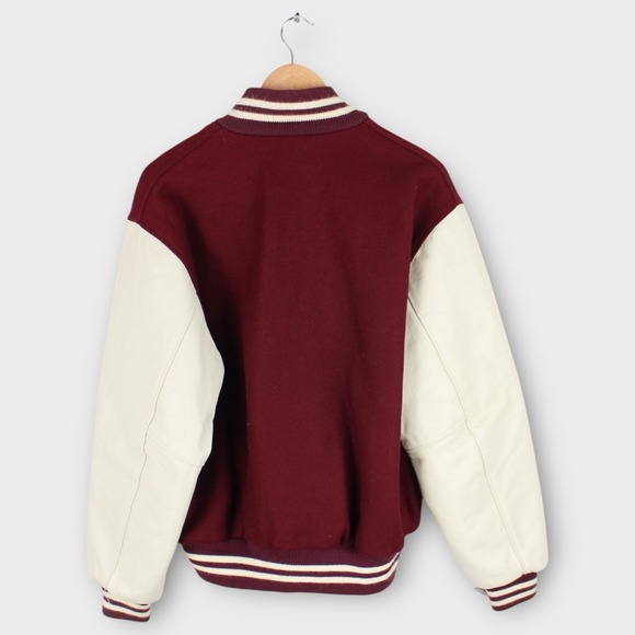 Vintage Varsity Jacket Wool Leather Sleeves Burgundy White Size Medium - Picture 4 of 4